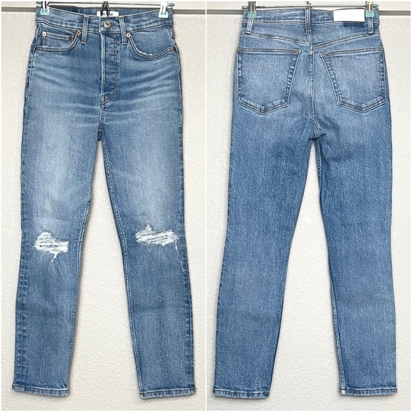 NWT RE/DONE 90s‎ High Waist Distressed Denim Ripped Knee Ankle Crop Jeans 26 - Picture 5 of 9
